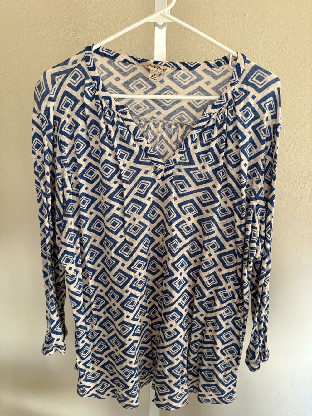 Lucky Brand Blue & White Geometric Long Sleeve Top Size 2X